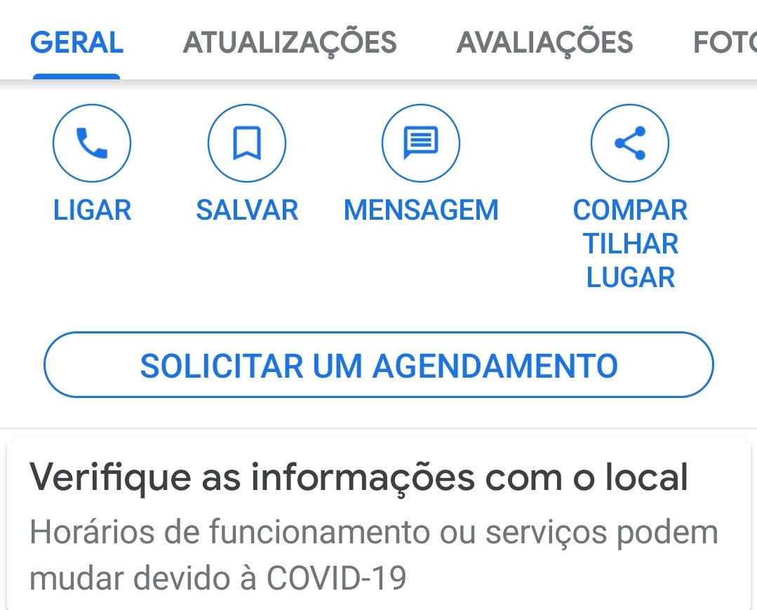 Captura do Google Maps em português com o botão Solicitar um agendamento em uma ficha pública